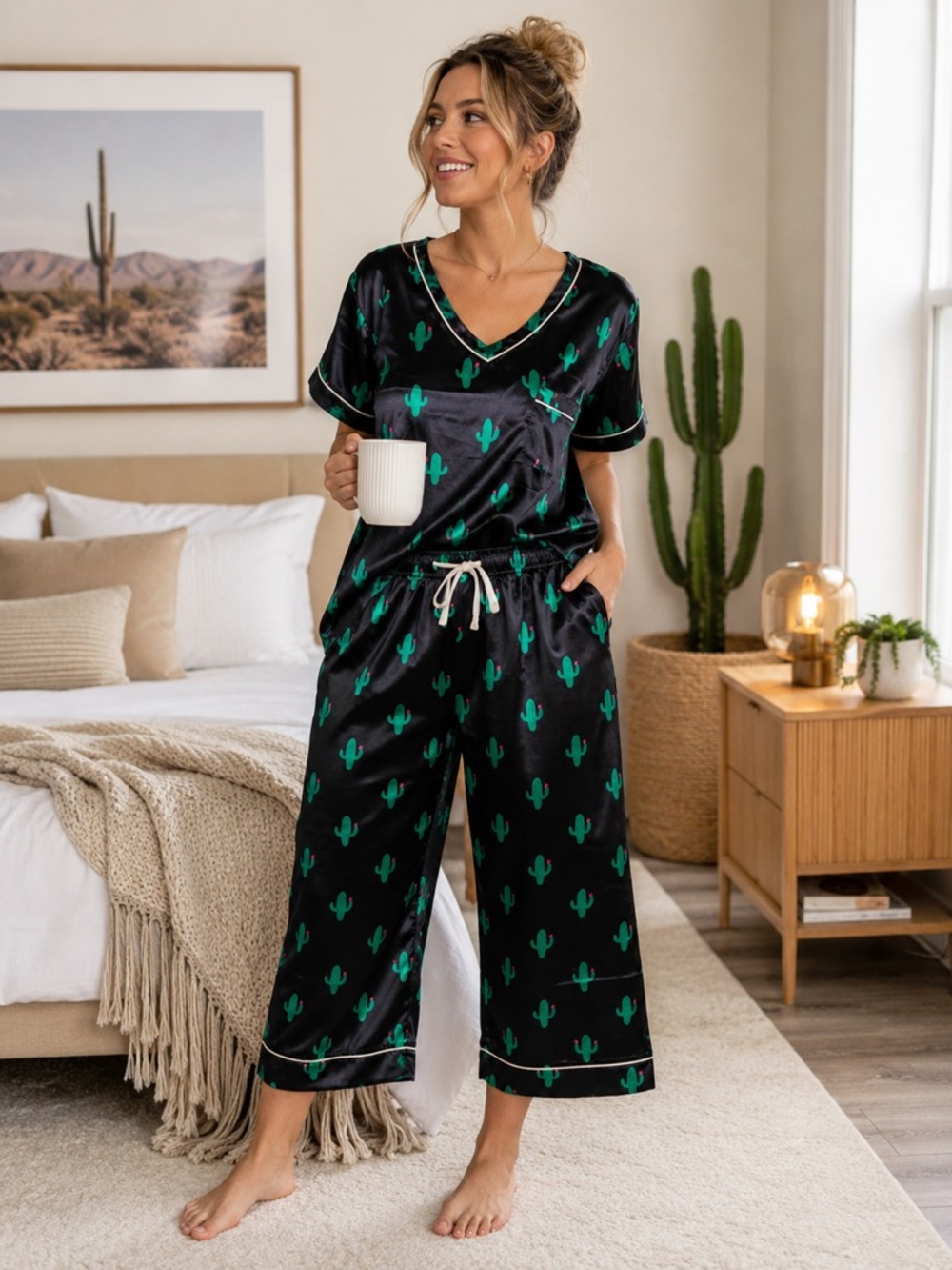 Women’s XL Cactus Pajama Set 2 Piece Satin Short Sleeve Wide Leg Capri PJs
